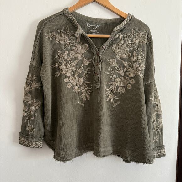 Kyla Seo Tops - KYLA SEO | Dark Sage Green Embroidered Cotton Gauze Boxy Blouse | Size Small